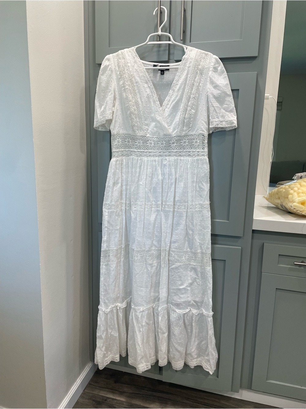 Lulu's White Eyelet V-Neck Midi Dress with Lace Trim
